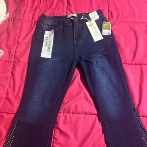 BAMBOO Blue Flare Wide Leg Jeans with Studded Accents